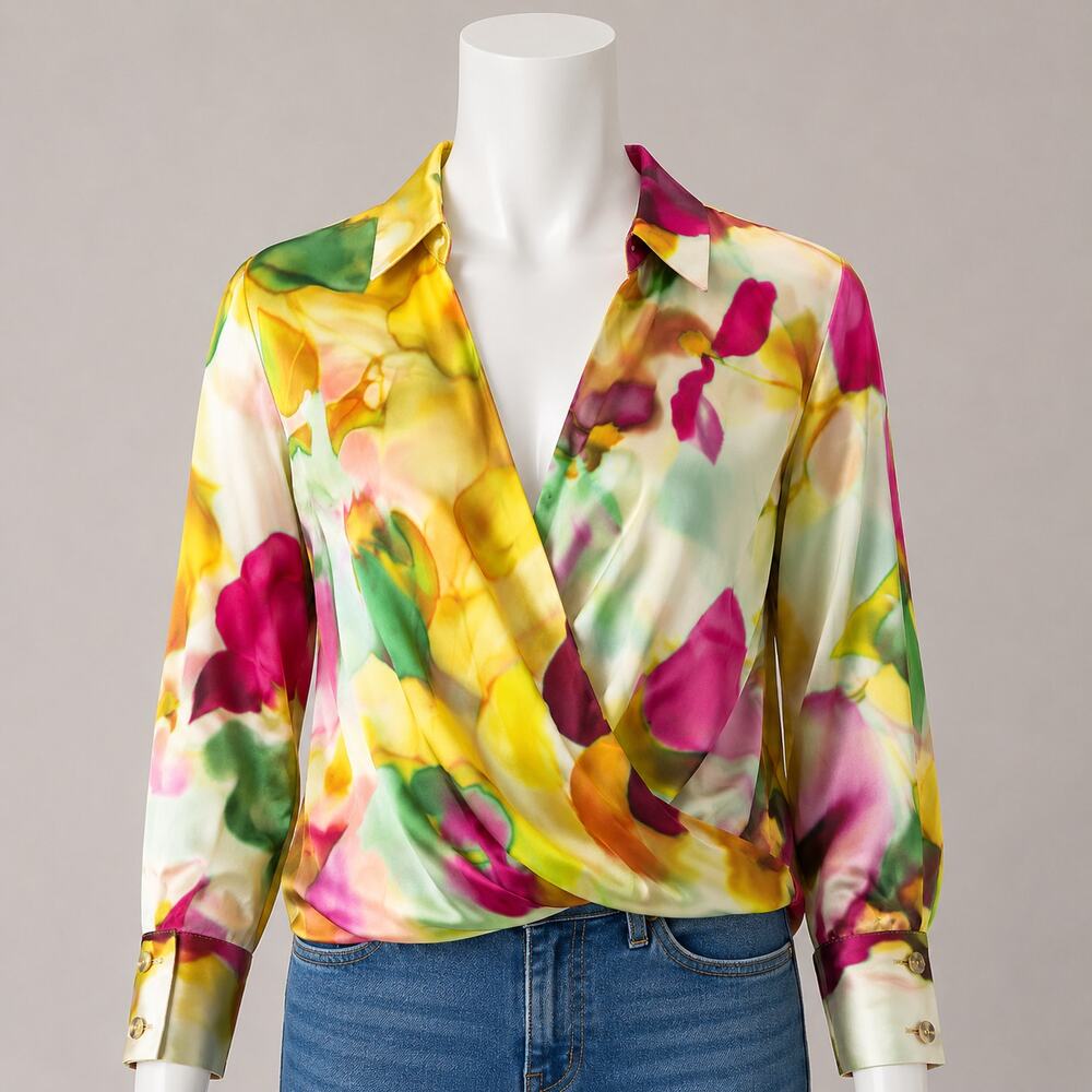 Zara Abstract Floral Satin Blouse Multicolor Women’s XS Long Sleeve Surplice